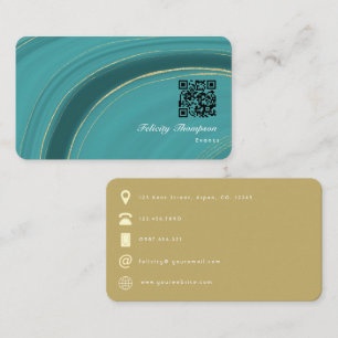 Tarjeta De Visita Turquesa - Código QR de ágata dorada y teal