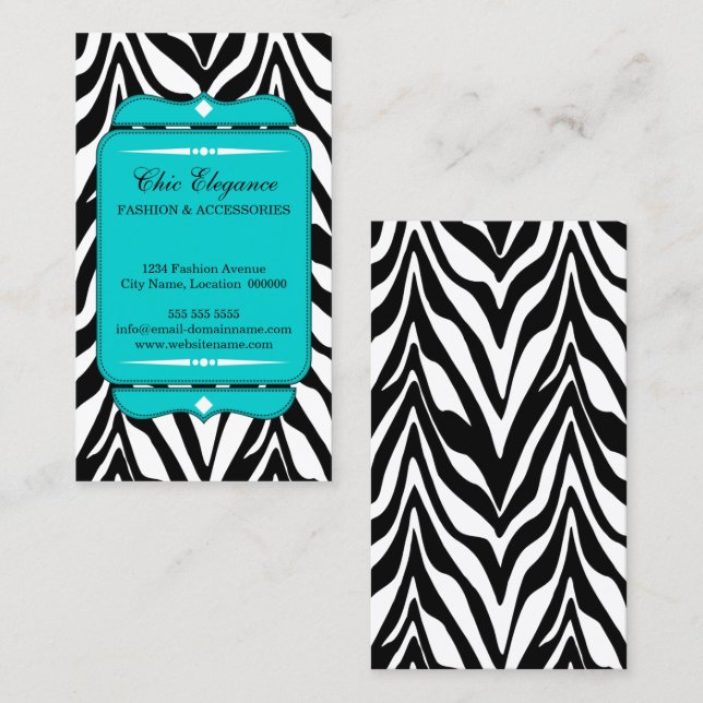 Tarjeta De Visita Turquesa elegante del estampado de zebra (Anverso / Reverso)