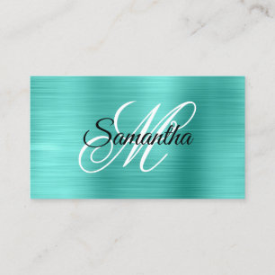 Tarjeta De Visita Turquesa Metálico Monograma Elegante