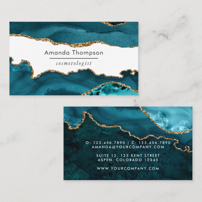 Tarjeta De Visita Turquesa - Piedra Verde azulada y Gold Geode Agode (Anverso / Reverso)