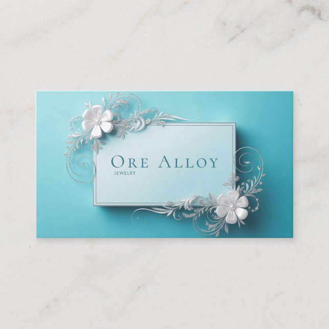 Tarjeta De Visita Turquesa Plata Flores de Roleos Geométrico (Anverso)