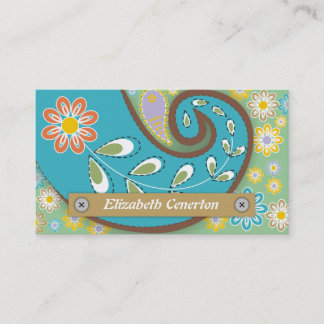 Tarjeta De Visita Turquesa retro, paisley motismo verde floral