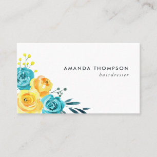 Tarjeta De Visita Turquesa y Floral Acuarela Amarillo