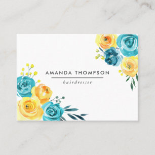 Tarjeta De Visita Turquesa y Floral Acuarela Amarillo