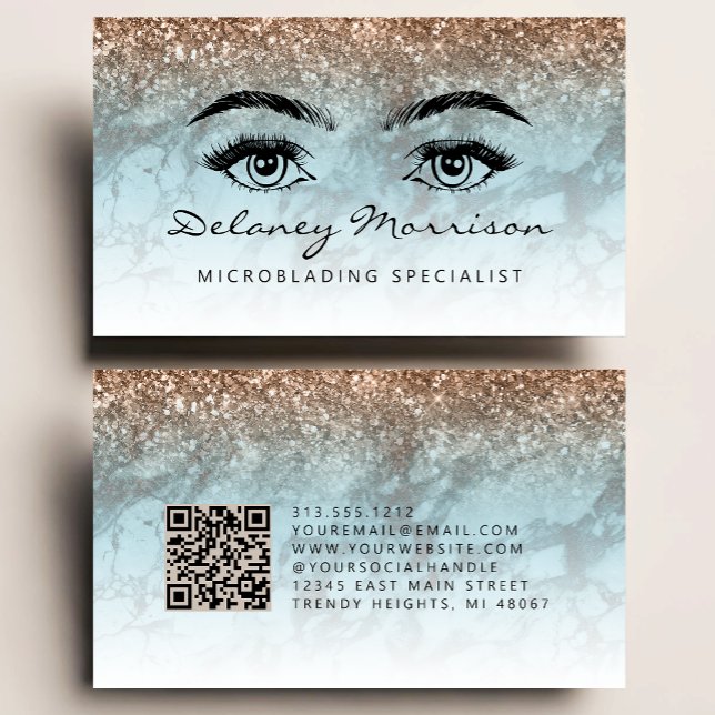 Tarjeta De Visita Turquoise Bronze Marble Eyes QR Code Microblading (Subido por el creador)