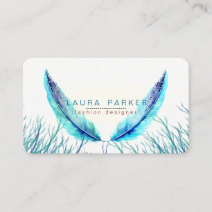 Tarjeta De Visita Turquoise Fethers Watercolor Boho Playa Verde azul