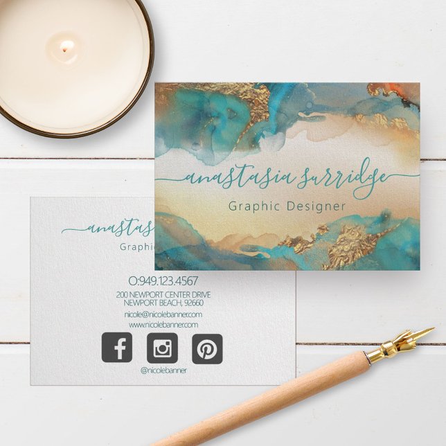 Tarjeta De Visita Turquoise Gold Abstrace Watercolor (Subido por el creador)