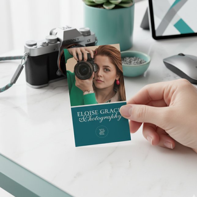 Tarjeta De Visita Turquoise Modern Photo Logo QR Code (This modern business card features vertical headshot photo and professional typography!)