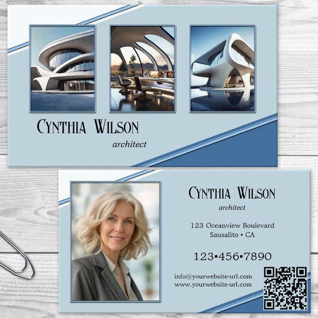 Tarjeta De Visita Tus fotos Blue Modern Architect (Business card featuring your photos framed by a modern blue geometric design - architect - design)