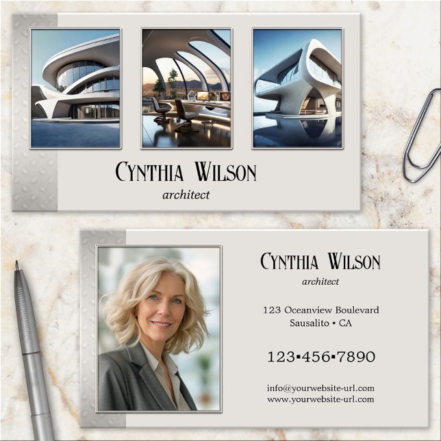 Tarjeta De Visita Tus fotos de arquitecto moderno tan metálico (Architect business card featuring your photos framed by a modern tan design with metal look strip)