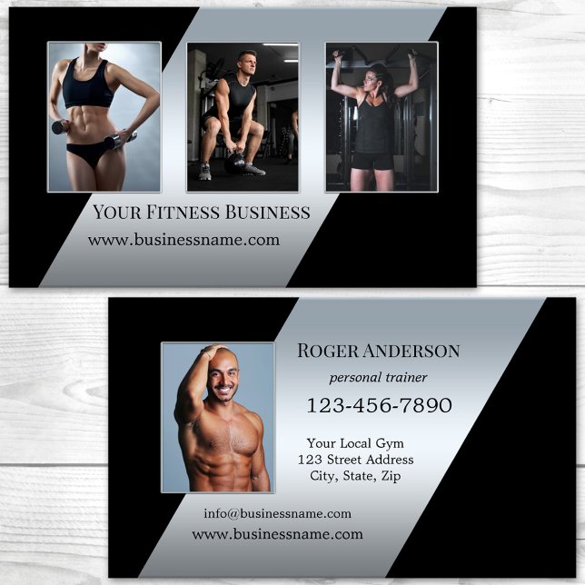 Tarjeta De Visita Tus fotos de entrenamiento personal negro plateado (Fitness personal trainer business card featuring your photos on a black with silver modern design)