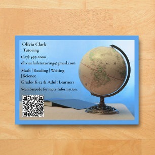 Tarjeta De Visita Tutor de código QR azul maestro globo y libro Aula