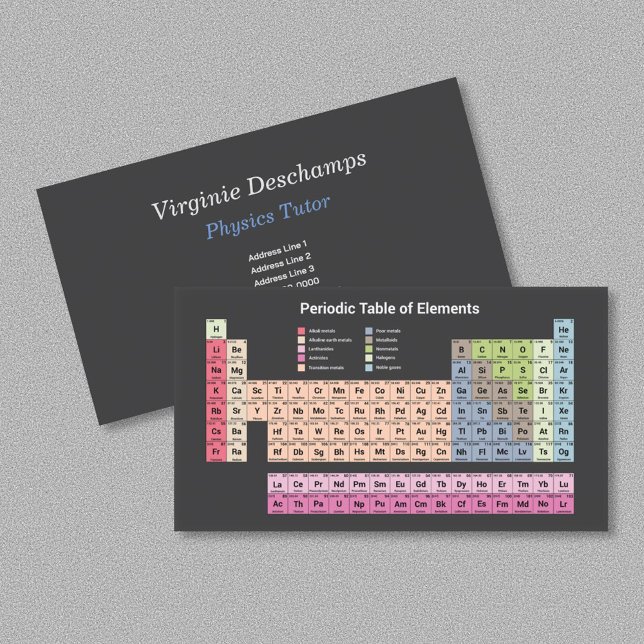 Tarjeta De Visita Tutor de Física de Ciencias - Tabla periódica sobr (Sciences Physics Tutor - Periodic Table on Black Business Card)