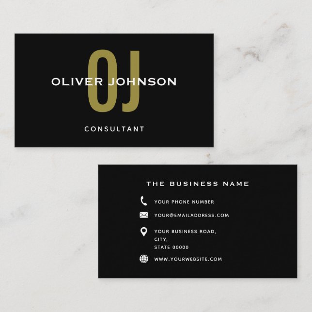 Tarjeta De Visita Typografía Monograma Iniciales Oro Blanco Negro (Anverso / Reverso)
