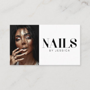 Tarjeta De Visita Uñas Foto Tipografía Elegante Blanco y Negro