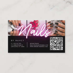 Tarjeta De Visita Uñas Tipografía Neón Rosa Collage de Fotos Código