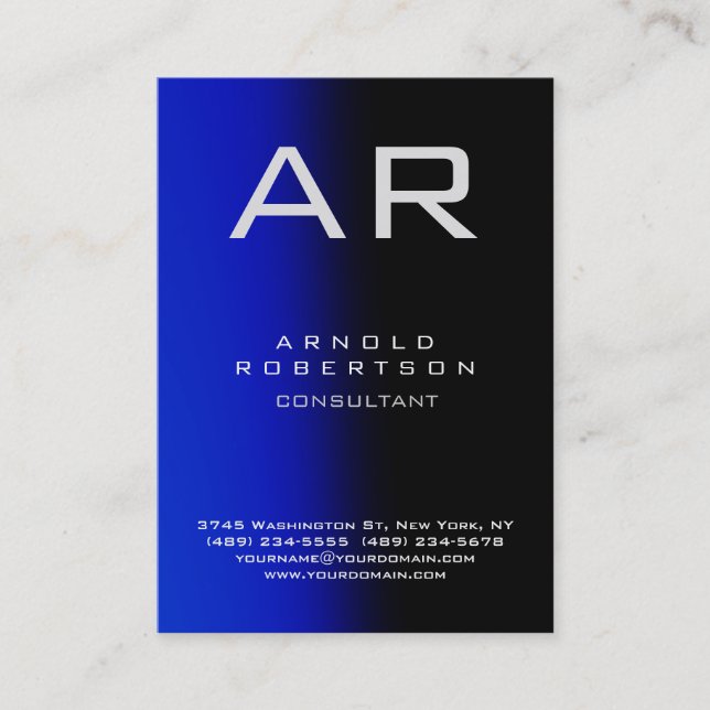 Tarjeta de visita única azul azul en monograma (Anverso)