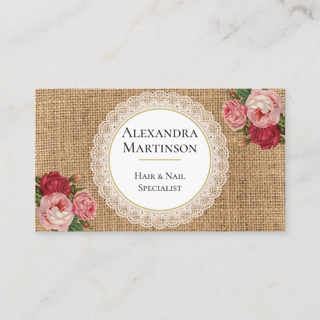 Tarjeta De Visita Único Rosas de cosecha ruidosa con encaje floral (Anverso)