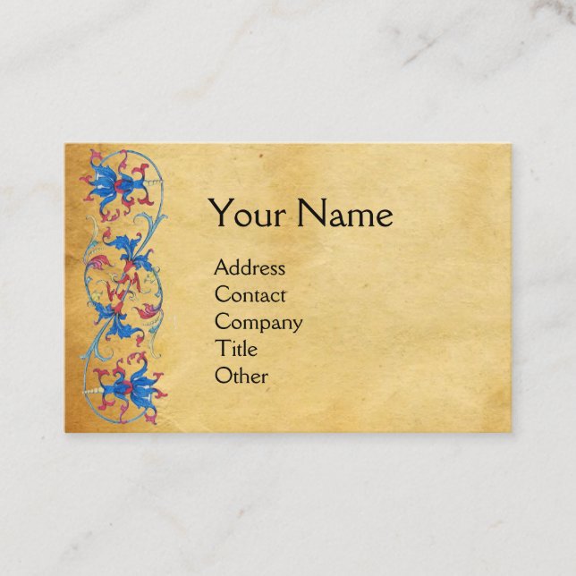 Tarjeta De Visita UNICORN Antiguo Pergamino Floral Azul Rojo Monogra (Anverso)
