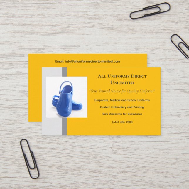 Tarjeta De Visita Uniforme de Clogs Médicos Amarillos Gris Azul (Anverso/Reverso In Situ)
