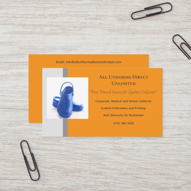 Tarjeta De Visita Uniforme de Clogs Médicos Gris Blue naranja (Anverso/Reverso In Situ)