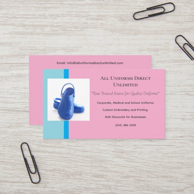 Tarjeta De Visita Uniforme de Clogs Médicos Rosa Azul (Anverso/Reverso In Situ)
