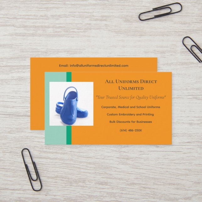 Tarjeta De Visita Uniforme de Clogs Médicos Verdes naranjas (Anverso/Reverso In Situ)