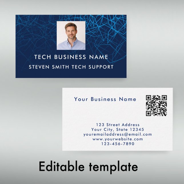 Tarjeta De Visita Unique Modern Blue Photo QR Code Tech Professional (Personalize this modern blue geometric business card template
)