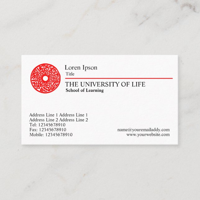 Tarjeta De Visita Universidad de la vida - regla roja (Anverso)