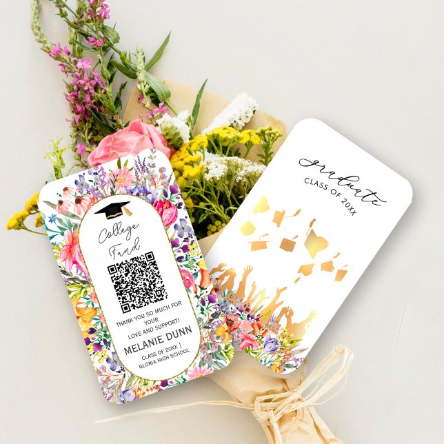 Tarjeta De Visita Universidad Pretty Wildflower fondo de graduación (Pretty Wildflower College fund graduation enclosure card, #zazzlemade #graduateqrcode #bloomspring )