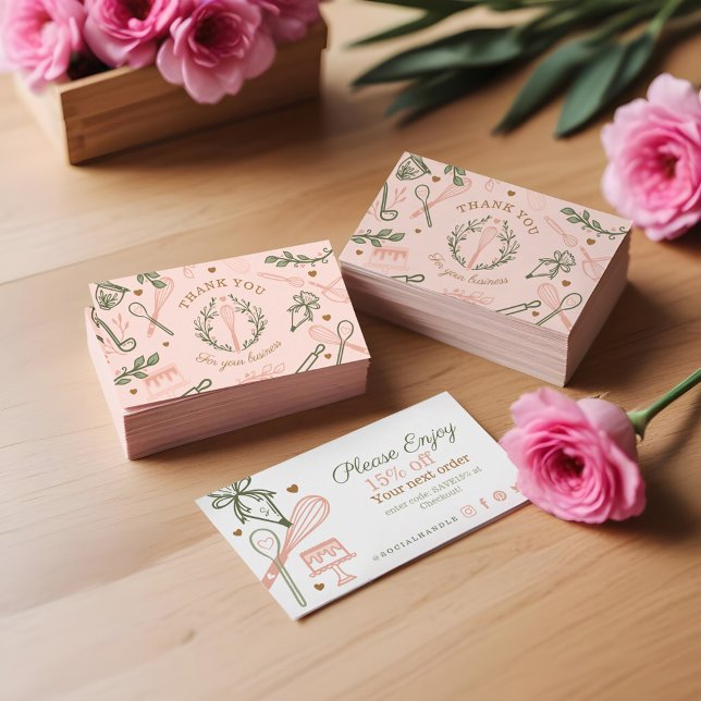 Tarjeta De Visita Utensil de hormigón rosa y verde y cocina (by Moodthology Papery
Pink & Green Baking & Cooking Utensil Thank You Business Card)