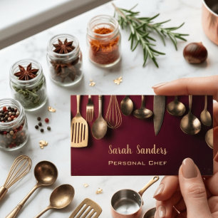 Tarjeta De Visita Utensilios Antiguos Burgundy & Oro Chef Personal