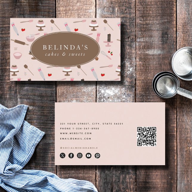 Tarjeta De Visita Utensilios de cocción y cocción Panadería Cocina C (Baking & Cooking Utensils Bakery Cooking QR Code Business Card)