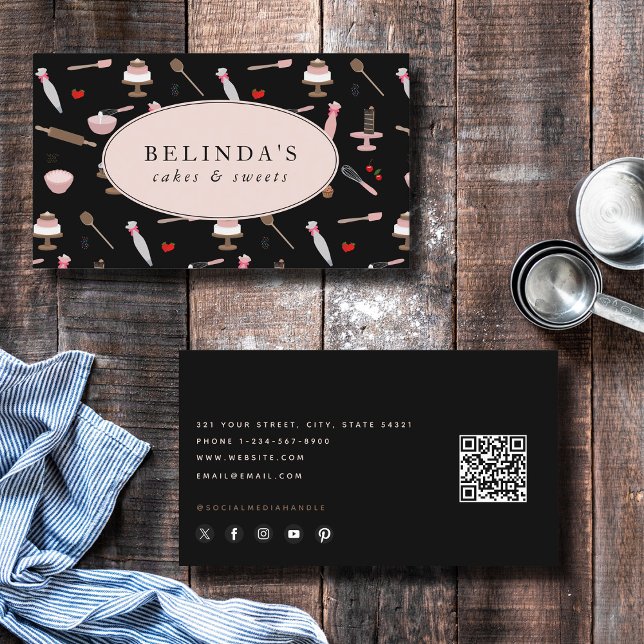 Tarjeta De Visita Utensilios de cocción y cocción Panadería Cocina C (Baking & Cooking Utensils Bakery Cooking QR Code Business Card)