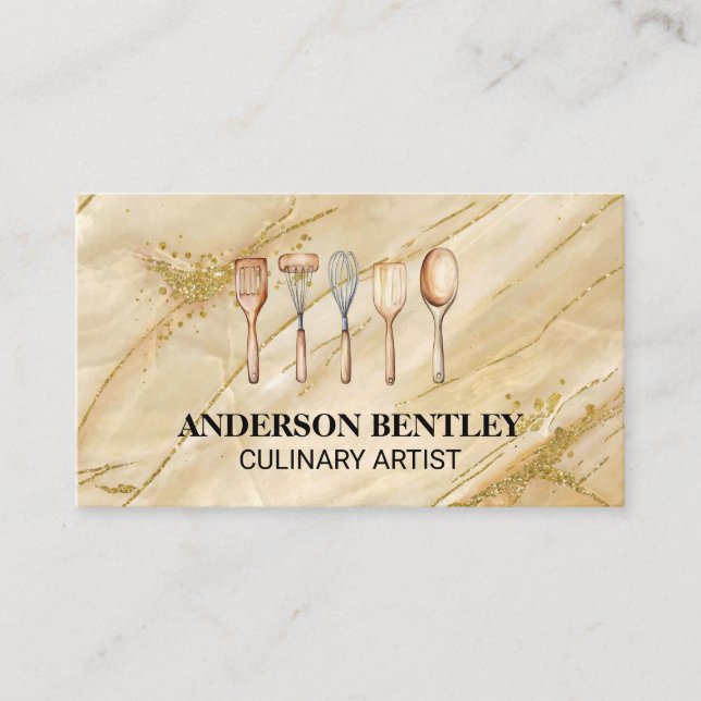 Tarjeta De Visita Utensilios de cocina | Fondo de Marble Dorado (Anverso)
