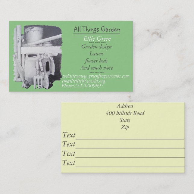 Tarjeta De Visita utensilios de jardín pintura para el diseño de jar (Anverso / Reverso)