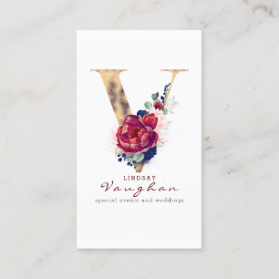 Tarjeta De Visita V Monograma Burgundy Gold y Floral Azul de la Mari