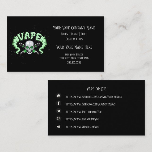 Tarjeta De Visita VAPE | Vape Skull Business con medios sociales (Anverso / Reverso)