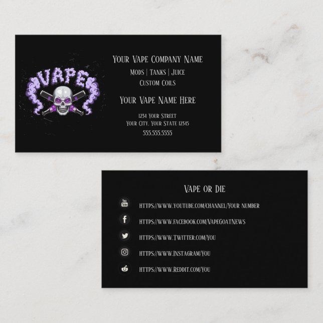 Tarjeta De Visita VAPE | Vape Skull Purple Business Social Media (Anverso / Reverso)