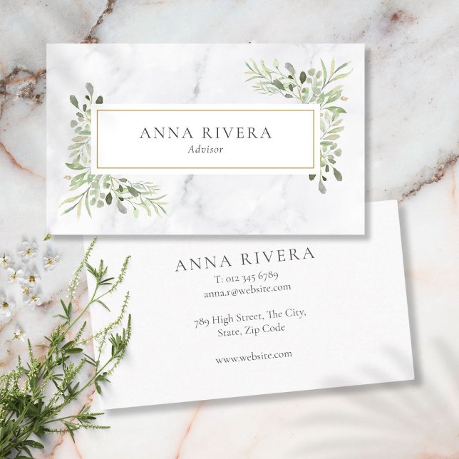 Tarjeta De Visita Vegetación acuarela Oro Mármol Blanco Geométrico (Watercolor Greenery Gold Geometric White Marble Business Card)