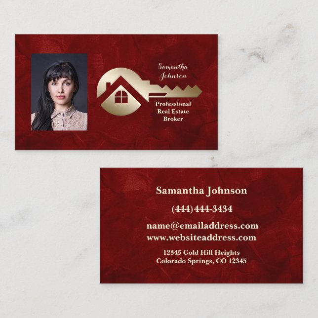 Tarjeta De Visita Velvet Scarlet Gold Key Real Estate Business Card (Anverso / Reverso)
