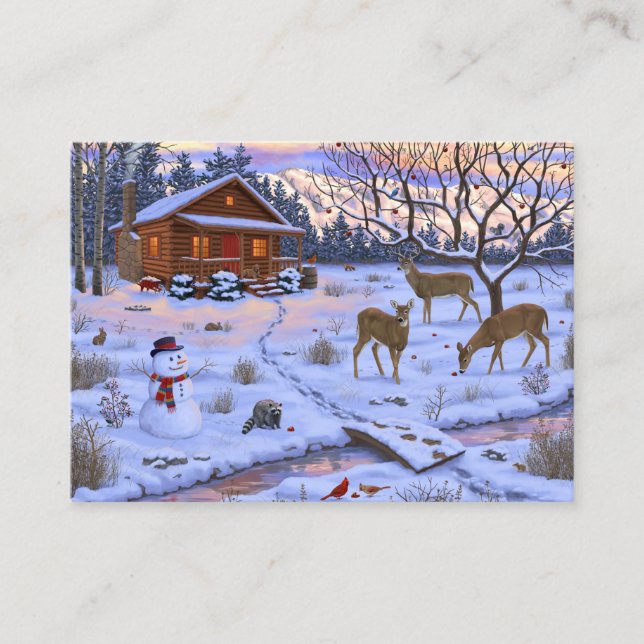 Tarjeta De Visita Venado De Cabina De Invierno En Escena De Navidade (Anverso)