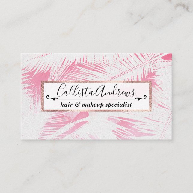 Tarjeta De Visita Verano Giro Pink Blanco Tropical Palm Tree Fronds (Anverso)