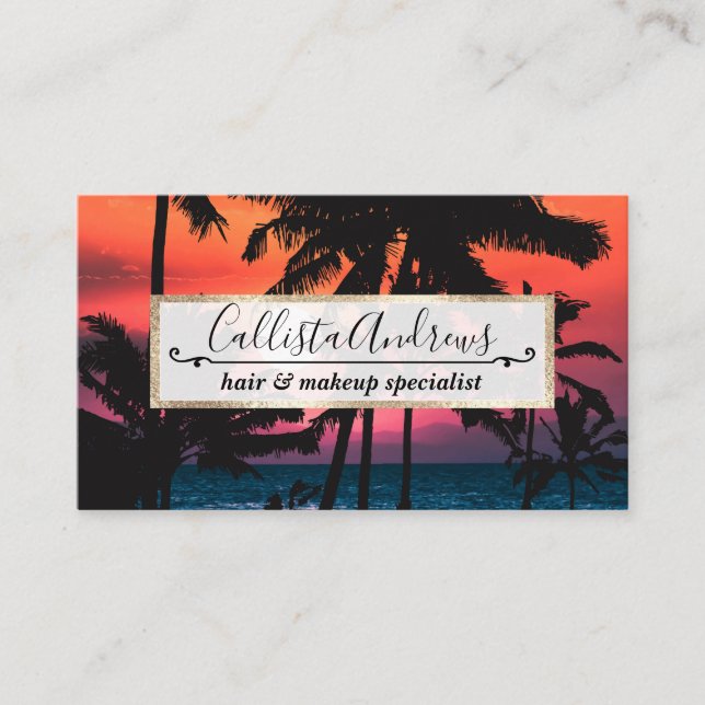 Tarjeta De Visita Verano Tropical Naranja Rosa Palm Trees Sunset (Anverso)