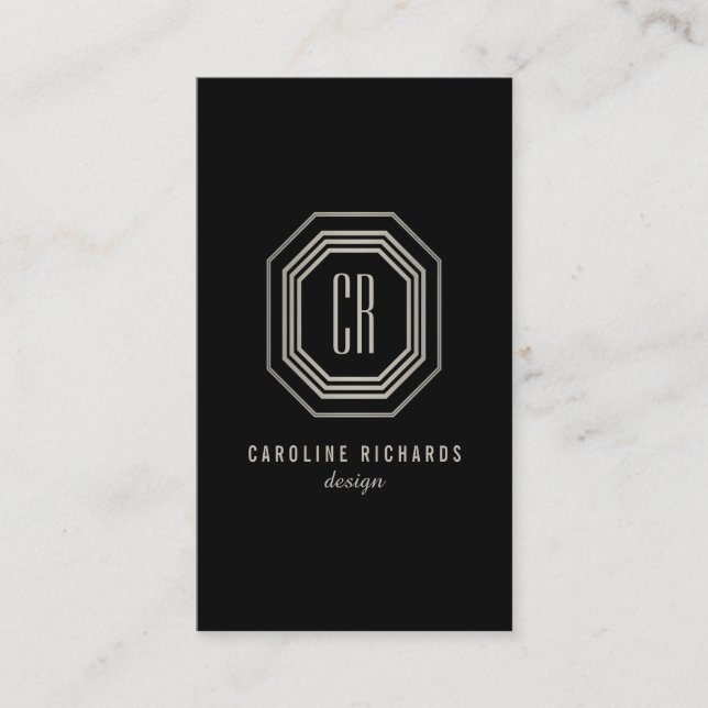 Tarjeta De Visita Verbo Art Deco Monograma Gris/Negro Vertical (Anverso)