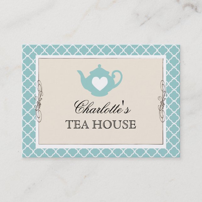 Tarjeta de visita verde azulada elegante del té de (Anverso)