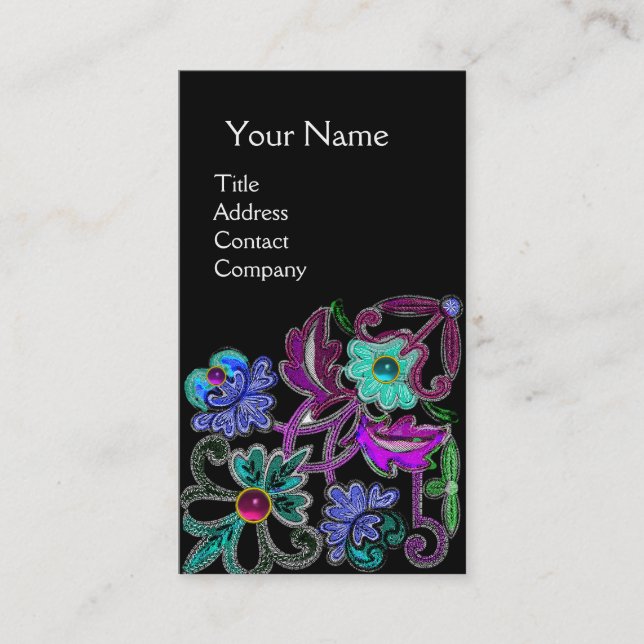 Tarjeta De Visita VERDE AZULADO AZUL PURPLE LACE FLORES GEMSTONES Ne (Anverso)