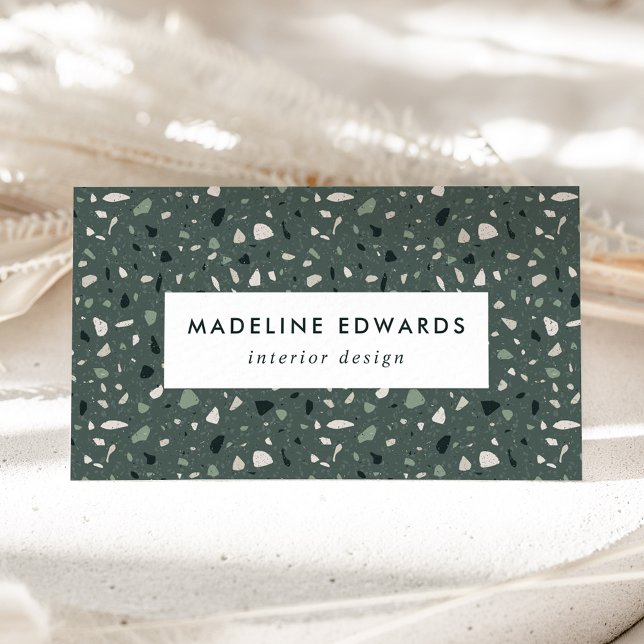 Tarjeta De Visita Verde azulado oscuro y verde de moda Terrazzo (Subido por el creador)