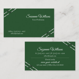 Tarjeta De Visita Verde bosque con líneas plateadas, elegante y refi