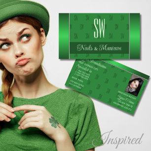 Tarjeta De Visita Verde elegante con foto y patrón de monograma chic